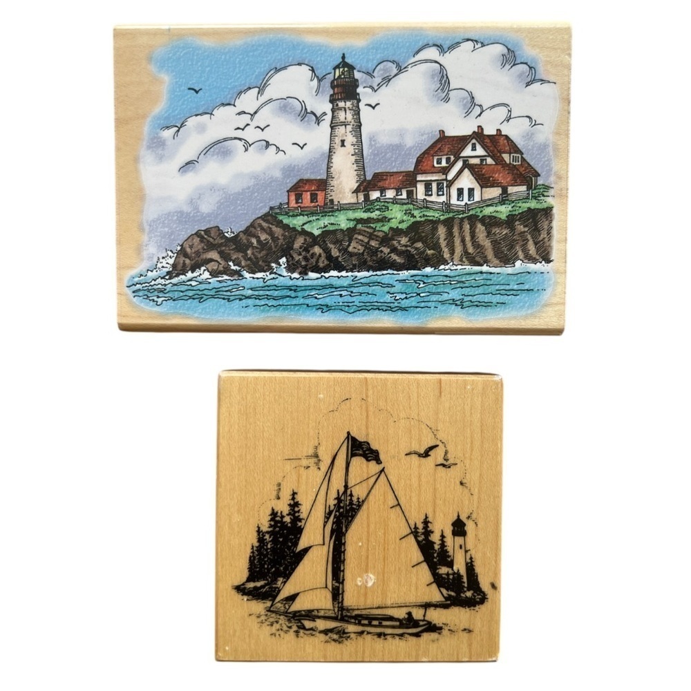 Nautical Themed Lot of 2 Wood Mounted Rubber Stamps Sailboat Lighthouse Stamping